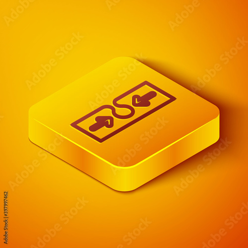 Isometric line Acne icon isolated on orange background. Inflamed pimple on the skin. The sebum in the clogged pore promotes the growth of a bacteria. Yellow square button. Vector.