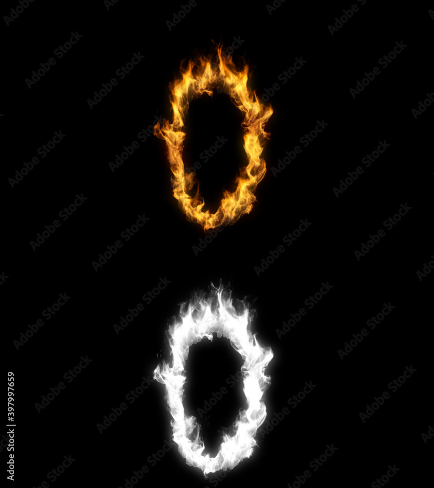 3D illustration of the number zero on fire with alpha layer