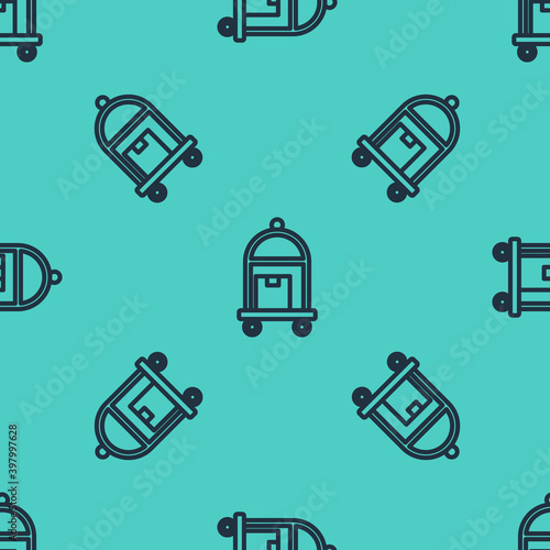 Black line Hotel luggage cart with suitcase icon isolated seamless pattern on green background. Traveling baggage sign. Travel luggage icon. Vector.