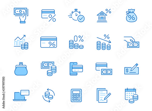 Money loan line icon set. Credit score, low interest, discount card, mortgage percent, tax minimal vector illustration. Simple outline signs for bank application. Blue color, Editable Stroke