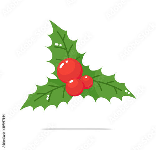 Christmas mistletoe or holly leaves and berries on white