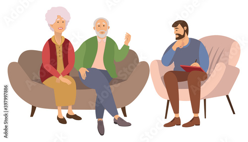 Fototapeta Naklejka Na Ścianę i Meble -  Old man and woman are sitting on a large brown sofa. The psychologist is sitting with a paper and asking questions. Married couple sitting on the couch together with happy psychotherapy session