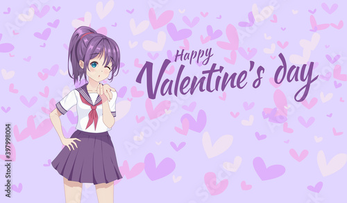 Anime manga schoolgirl in a sailor suit send air kisses.  Vector illustration. Valentine's day card