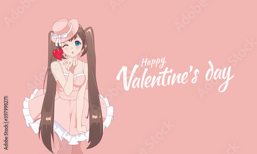 Anime manga girl blows a kiss. Valentines day card. Vector illustration.