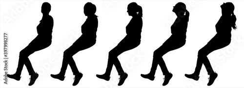 Girl is sitting on the edge. Women are sitting behind each other. Five silhouettes of the same person, but with the changing position of the head: look forward, side, up. Black silhouette is isolated.