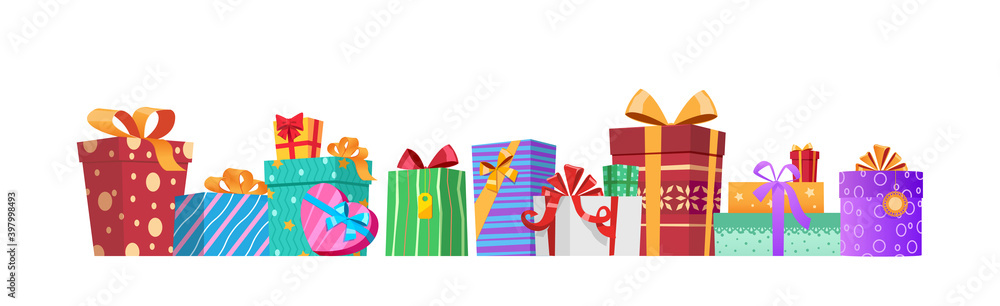 Horizontal composition of multicolored gift boxes with ribbons and bows.