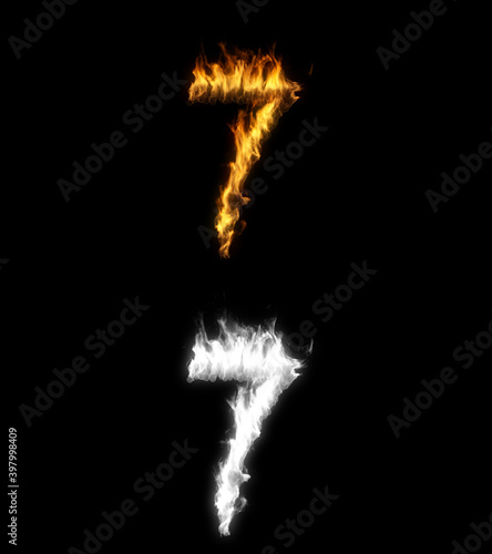 3D illustration of the number seven on fire with alpha layer