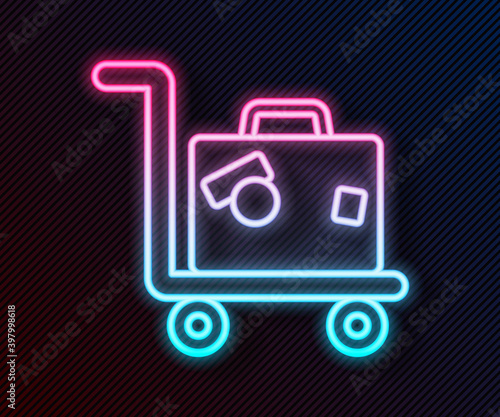 Glowing neon line Hotel luggage cart with suitcase icon isolated on black background. Traveling baggage sign. Travel luggage icon. Vector.