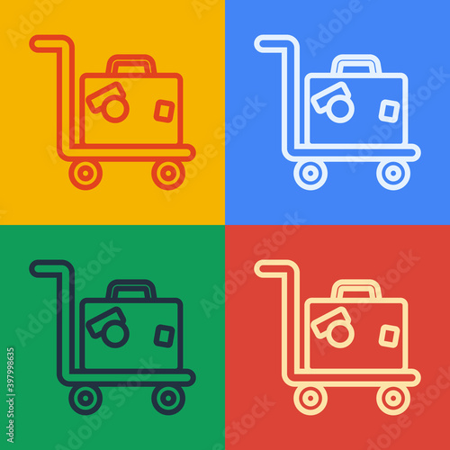 Pop art line Hotel luggage cart with suitcase icon isolated on color background. Traveling baggage sign. Travel luggage icon. Vector.