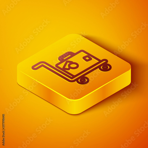 Isometric line Hotel luggage cart with suitcase icon isolated on orange background. Traveling baggage sign. Travel luggage icon. Yellow square button. Vector.