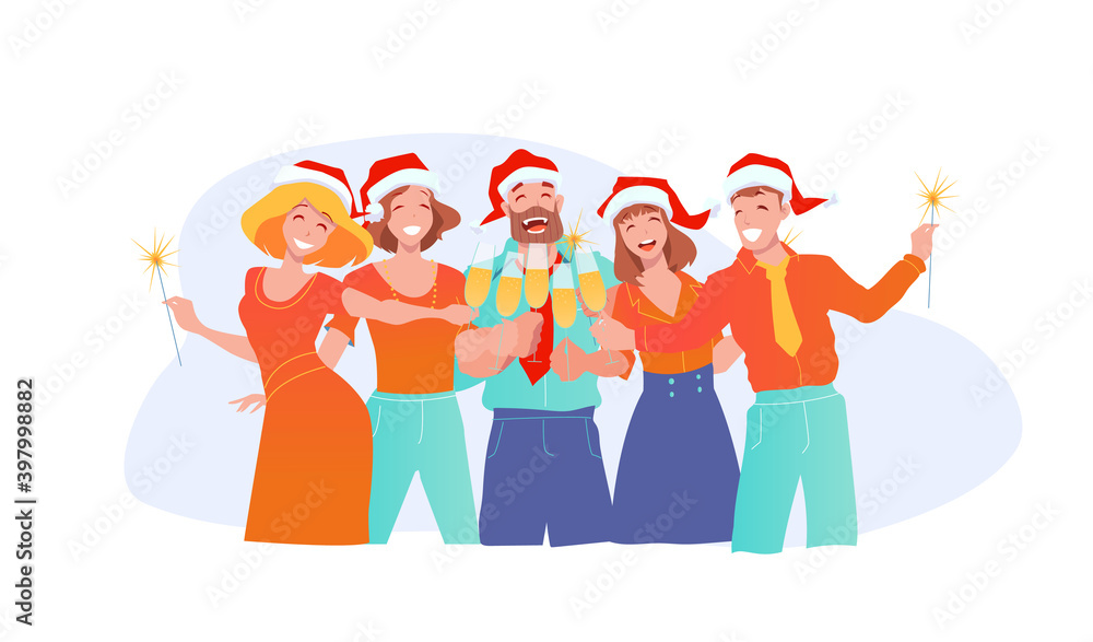 Fototapeta premium Office fun. Joyful business people in santa claus hats celebrate new year and christmas. Clinking glasses