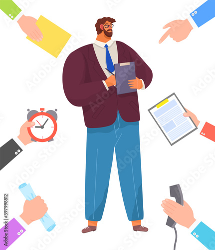 Serious man, chief, bearded businessman dressed formally standing at full height with a clip board in hand on white. Male businessperson, director and hands pointing, holding different objects