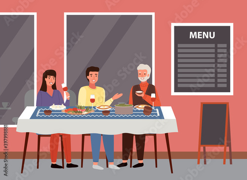 Table with khinkali and adjarian khachapuri. Arrangement of furniture. Relatives eating georgian food. People having dinner in the Georgian restaurant. Menu with traditional dishes on the background