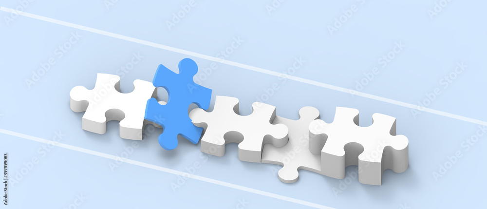 Fototapeta premium Close up Jigsaw Puzzle ideas Creativity banner and business Concept on blue Background. Business strategy teamwork and problem solving concept. - 3d rendering