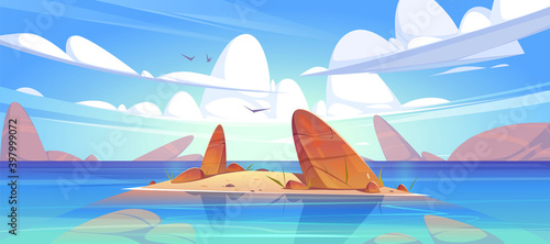 Ocean or sea nature landscape with shallow or land with rocks in clean water under fluffy clouds and gulls flying in sky. Morning or day time tranquil seascape background, Cartoon vector illustration