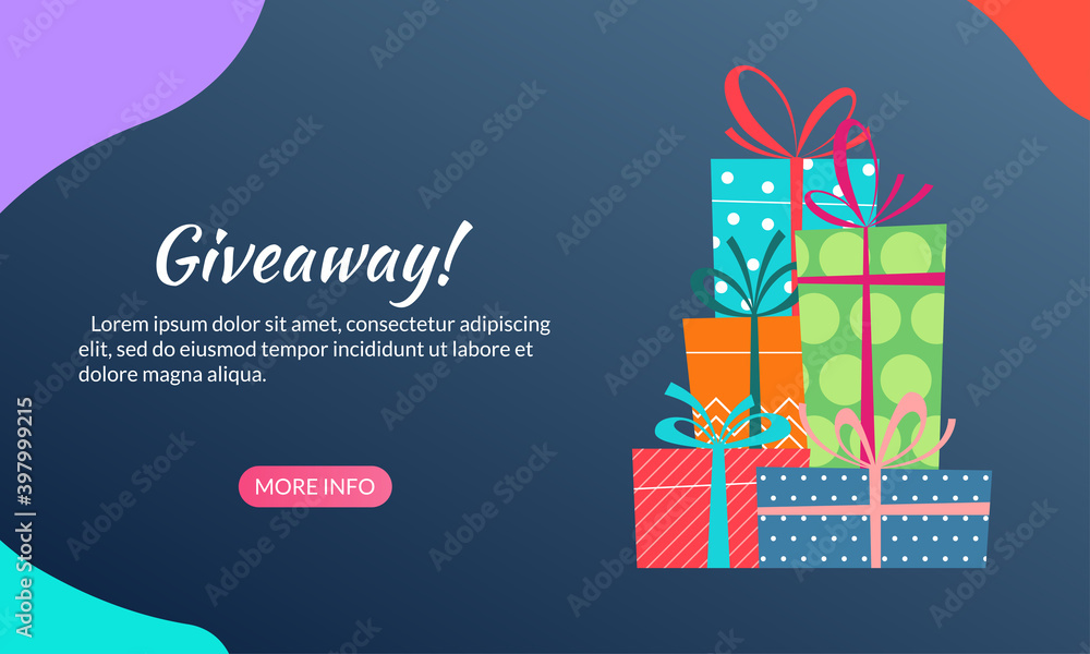 Giveaway banner with gift box stack or pile. Give away landing page. Vector illustration.