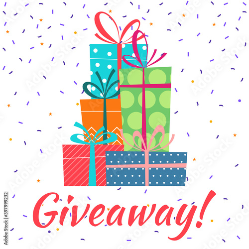 Giveaway banner with gift box stack or pile. Give away poster. Vector illustration.