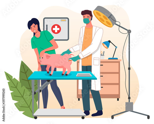 Veterinarian man meet woman with pig in the medical office. Doctor gives an injection to a sick pig, routine vaccination of farm animals. Visit to the vet clinic to check the health of the animal