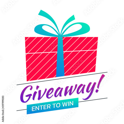 Giveaway banner with gift box and enter to win button. Give away icon or poster. Vector illustration.