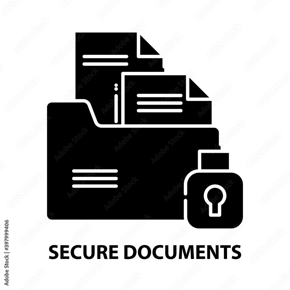 secure documents icon, black vector sign with editable strokes, concept illustration