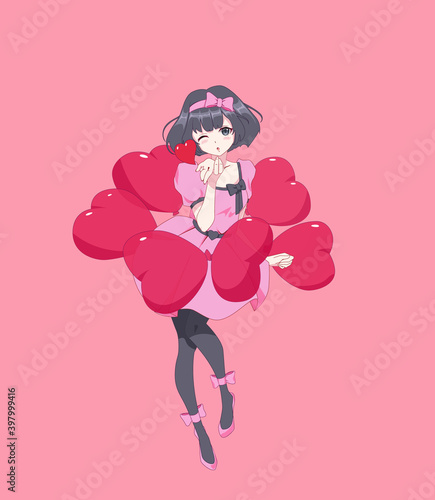 Anime manga girl blows a kiss in dynamic pose. Balloons in the form of a heart. Valentines day card. Vector illustration.