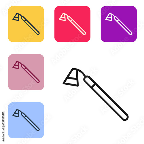 Black line Garden hoe icon isolated on white background. Tool for horticulture, agriculture, farming. Set icons in color square buttons. Vector.