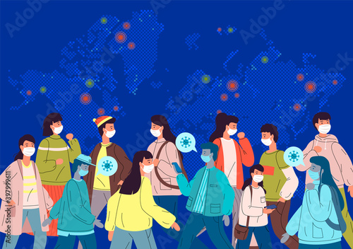 Coronavirus pandemic concept. World map and crowds of people wearing masks on all continents. Covid-19 outbreak vector illustration. Society during epidemic. Marks of the foci of disease on the map