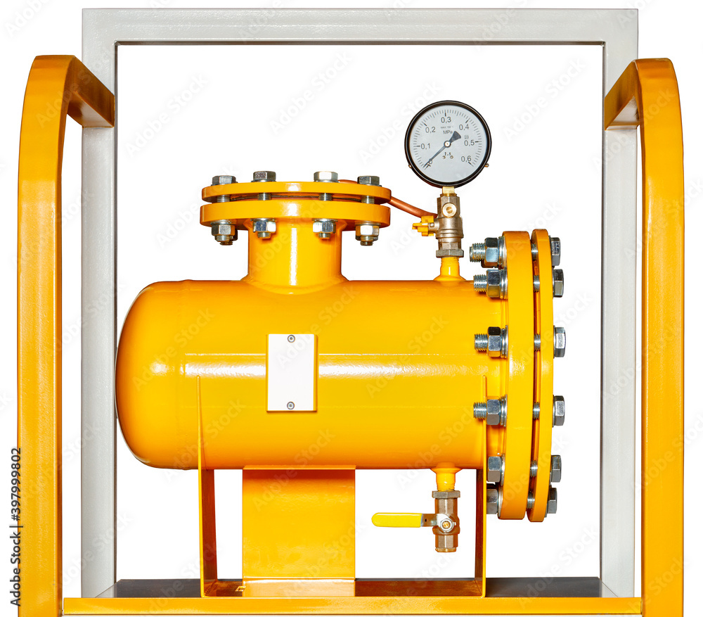 Gas strainer with a pressure gauge for gas control installation, isolated on a white background. Gas strainer with a pressure gauge for gas control installation, isolated on a white background.