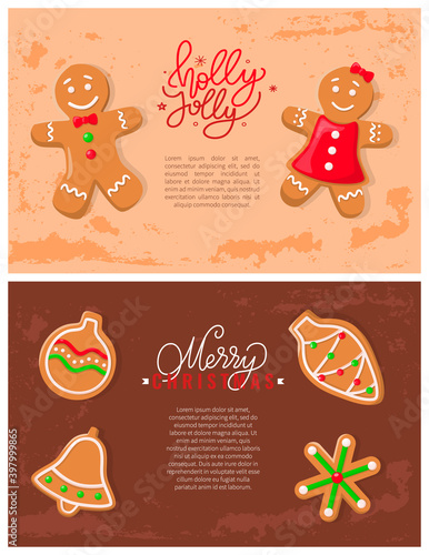 Holly jolly gingerbread cookies made of ginger vector. Festive decoration cone biscuits, bell and cone star shaped dessert baubles ball toy posters