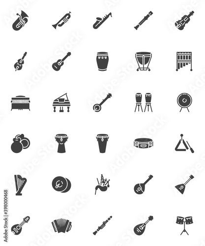 Musical instruments vector icons set, modern solid symbol collection, filled style pictogram pack. Signs, logo illustration. Set includes icons as saxophone, percussion instruments, acoustic guitar