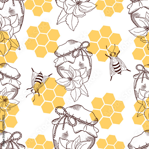 Seamless pattern with honey jars and bees. Vector illustration.