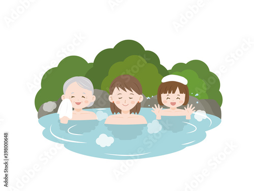 温泉に入る家族のイラスト　女湯