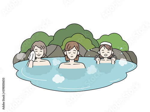 温泉に入る家族のイラスト　女湯