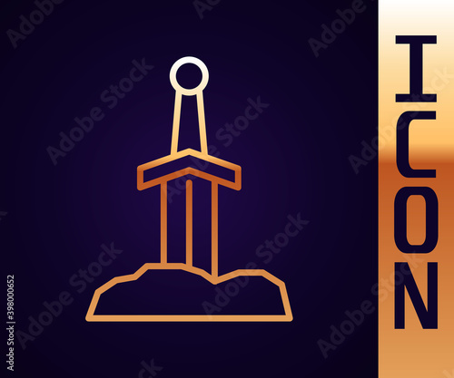 Gold line Sword in the stone icon isolated on black background. Excalibur the sword in the stone from the Arthurian legends. Vector.