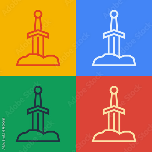 Pop art line Sword in the stone icon isolated on color background. Excalibur the sword in the stone from the Arthurian legends. Vector.