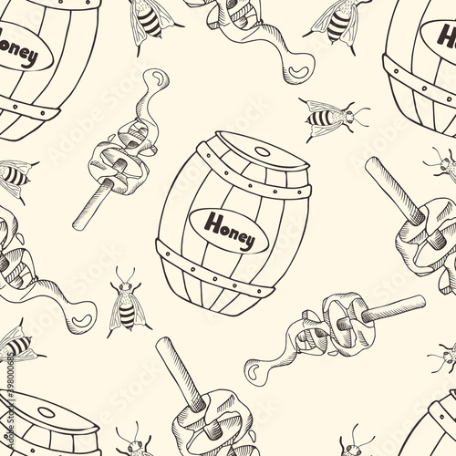 A seamless pattern with barrels of honey. Vector illustration in engraving style.