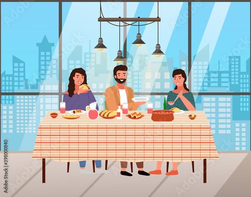 People on the background of a large panoramic window. Characters eating mexican cuisine dishes. Dining table with tacos and burritos. Arrangement of furniture. Family with mexican food on the table