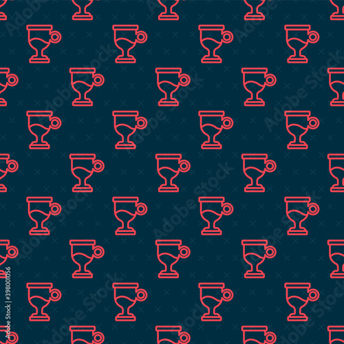 Red line Mulled wine with glass of drink and ingredients icon isolated seamless pattern on black background. Cinnamon stick, clove, lemon slice. Vector.