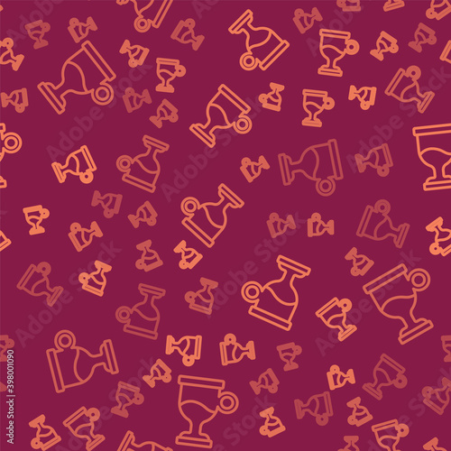 Brown line Mulled wine with glass of drink and ingredients icon isolated seamless pattern on red background. Cinnamon stick, clove, lemon slice. Vector.