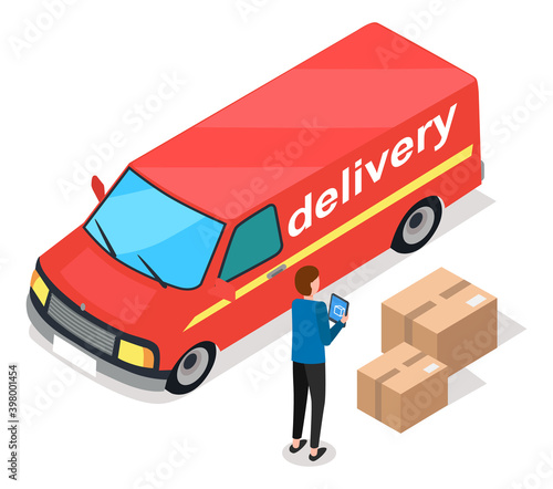 Delivery service concept. Red freight car and a man manager checks for cargo in the back, standing near large cardboard boxes. Autotruck, official vehicle illustration. Car for transporting goods