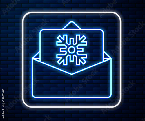 Glowing neon line Christmas postcard icon isolated on brick wall background. Merry Christmas and Happy New Year. Vector.