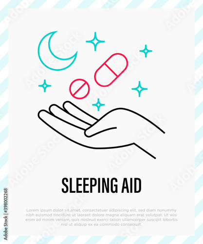 Sleeping pill in hand. Insomnia treatment. Thin line icon. Vector illutration.