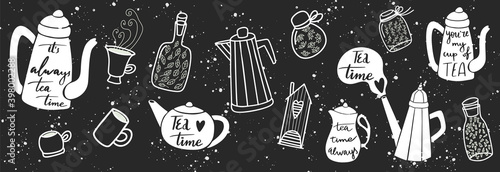 Vector chalkboard doodle with teapot and cups and hand lettering Its always tea time. White on a blackboard silhouette of kettles for cafe menu.