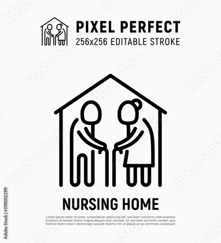 Nursing home thin line icon. Elderly people in house. Geriatric medicine. Pixel perfect, editable stroke. Vector illustration.