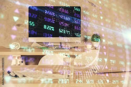 Multi exposure of financial graph drawing and office interior background. Concept of market analysis.