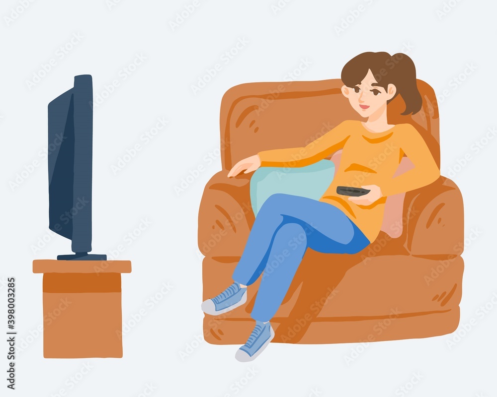 hand drawn girl couch potato watch tv cartoon Stock Vector | Adobe Stock
