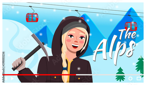 Traveler video blogger young woman. Screensaver of video blog post about travel to Alps. Girl holding pickaxe in warm clothes in a jacket in winter landscape telling about tourism, mountain hiking