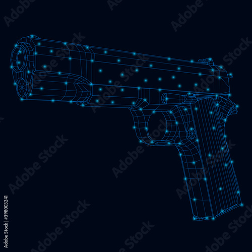 Wireframe of a pistol made of blue lines on a dark background with glowing lights. 3D. Vector illustration