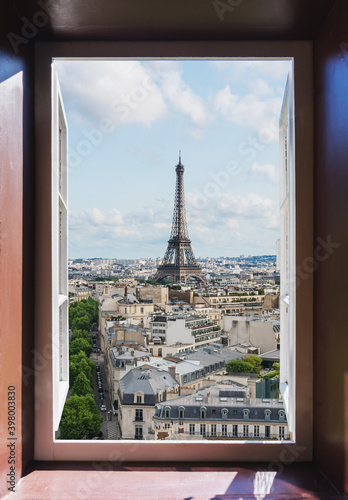 Eiffel tower famous landmark view through window in Paris, France