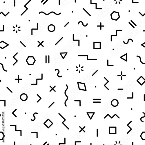Vector seamless pattern. Abstract memphis background. Geometric scattering element. Modern hipster backdrop. Graphic scattered shape neo. Fashion pattern for design every day, wallpaper, school prints